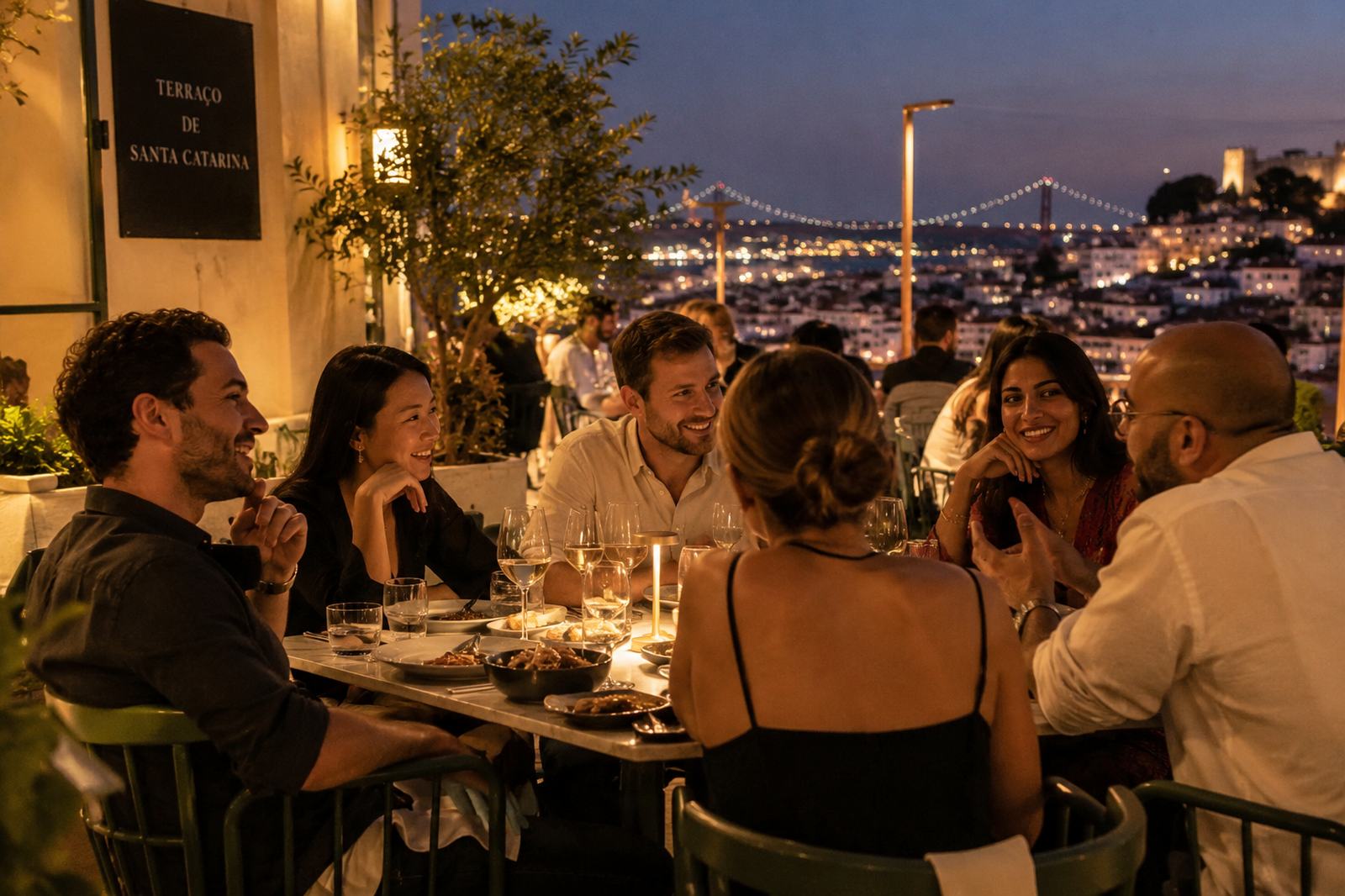 Six founders at a terrace table above Lisbon at dusk