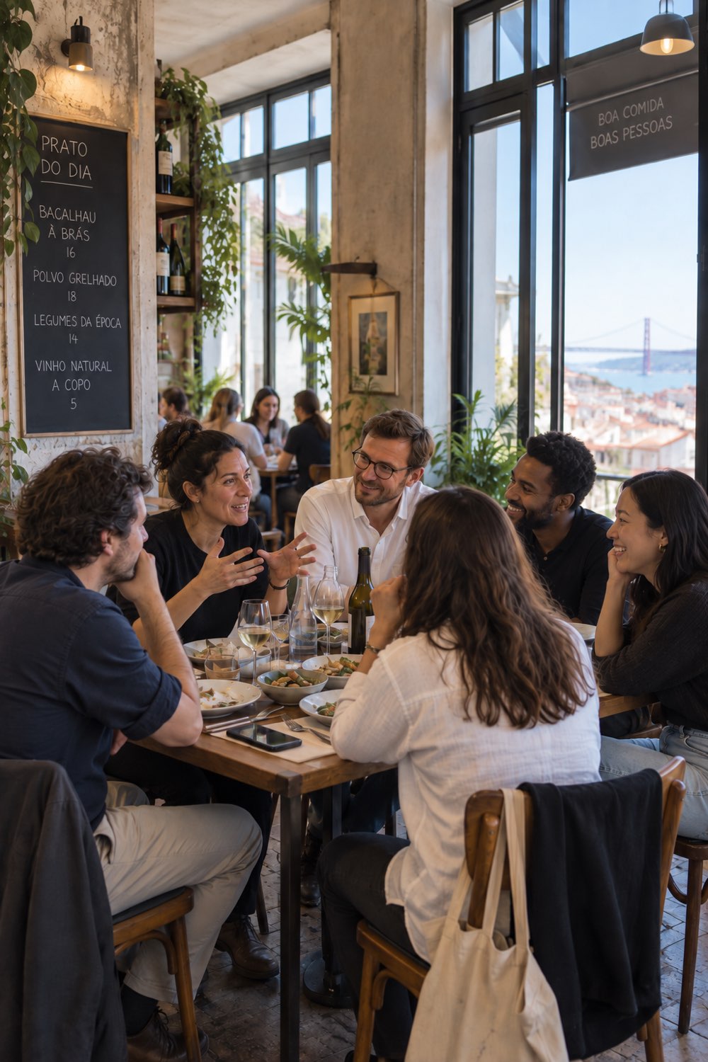 Six founders mid-conversation over lunch, the 25 de Abril bridge behind them